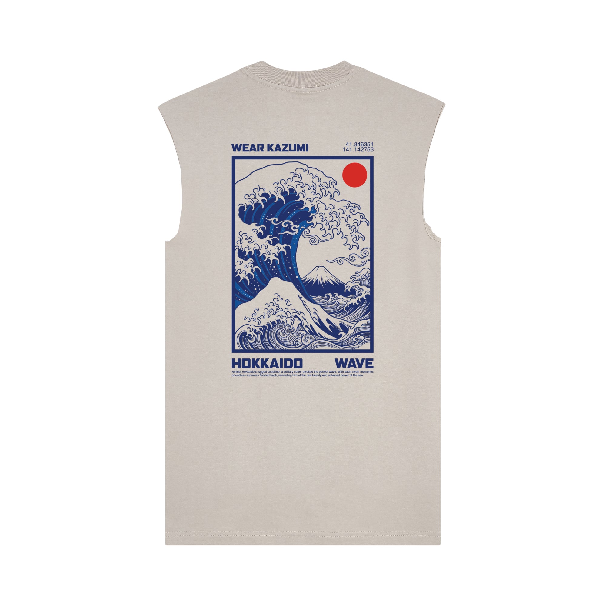 Great Wave Muscle Tee — Beige Back | Wear Kazumi